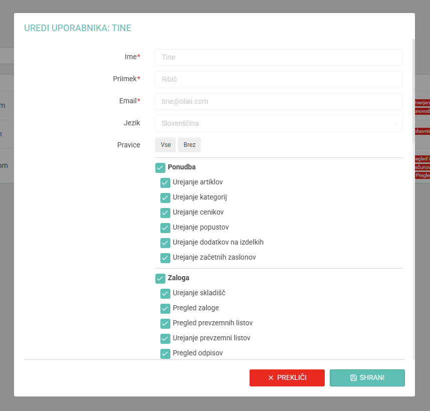Urejanje pravic uporabnika
